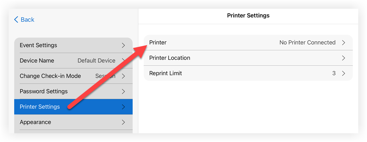The Printer Settings page of the Onsite App. The Printer option is indicated.