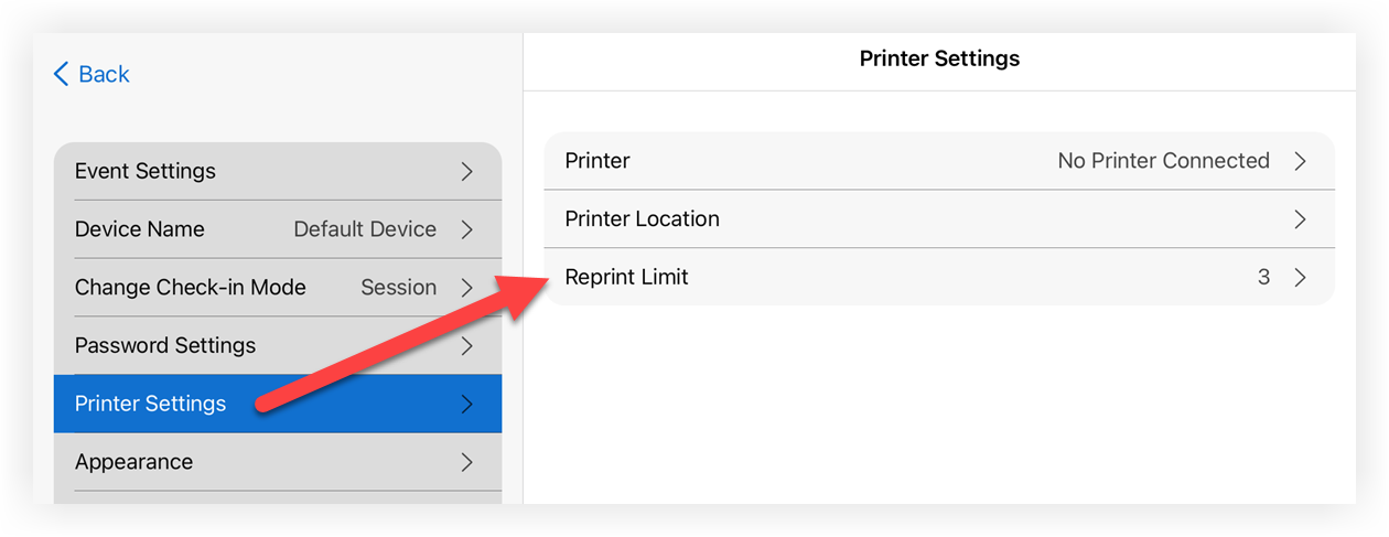 The Onsite app's Printer Settings page. The Reprint Limit button is indicated.