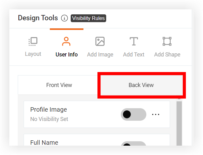 The Design Tools page in the Onsite badge designer. The Back View button is indicated.
