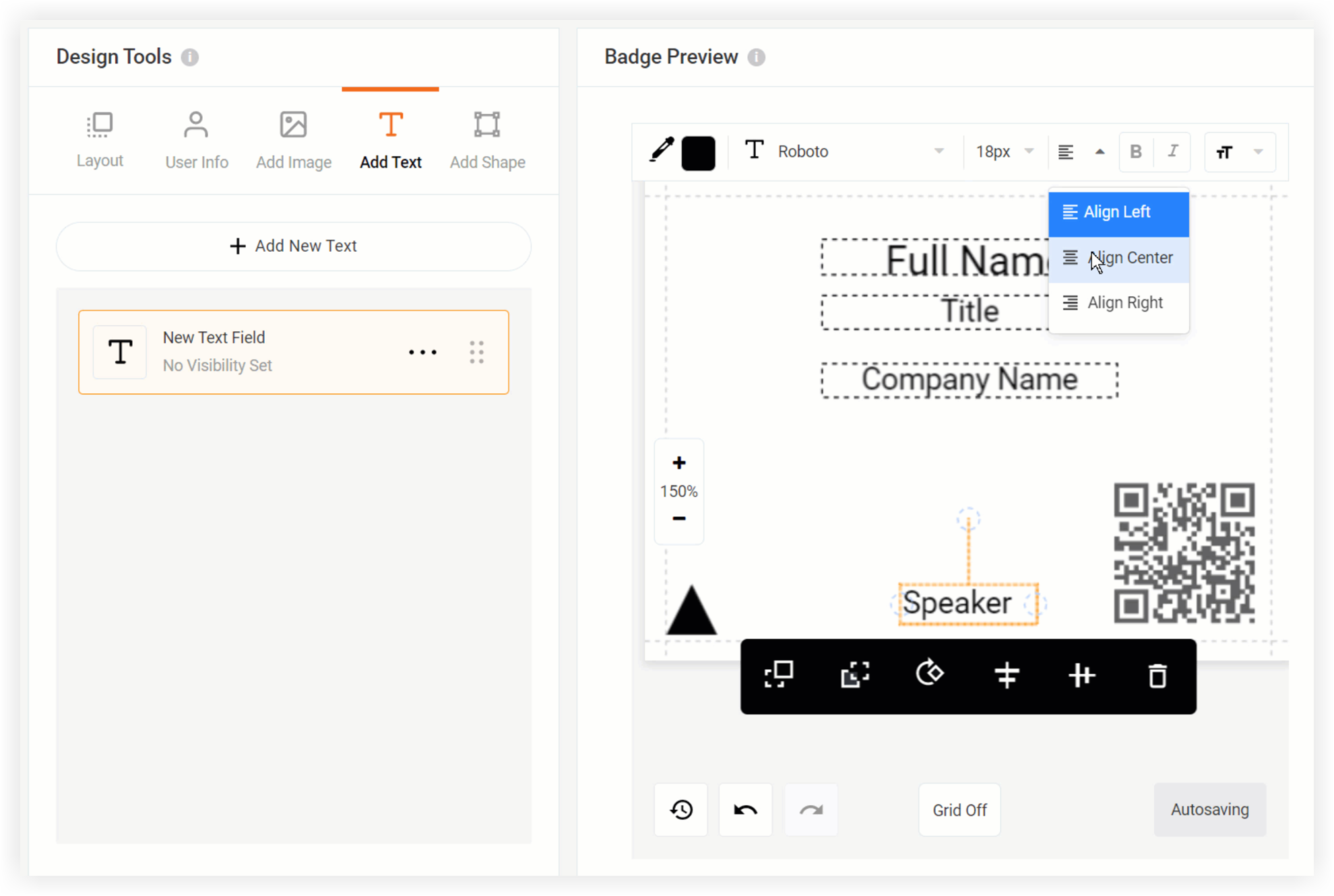 The badge designer with a new text field that's been edited to say