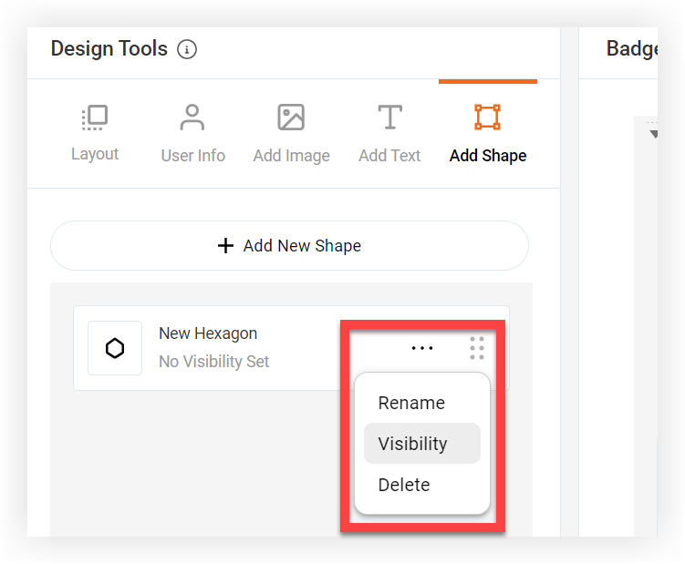 The settings menu next to a shape in the Design Tools section of the Onsite badge design page.