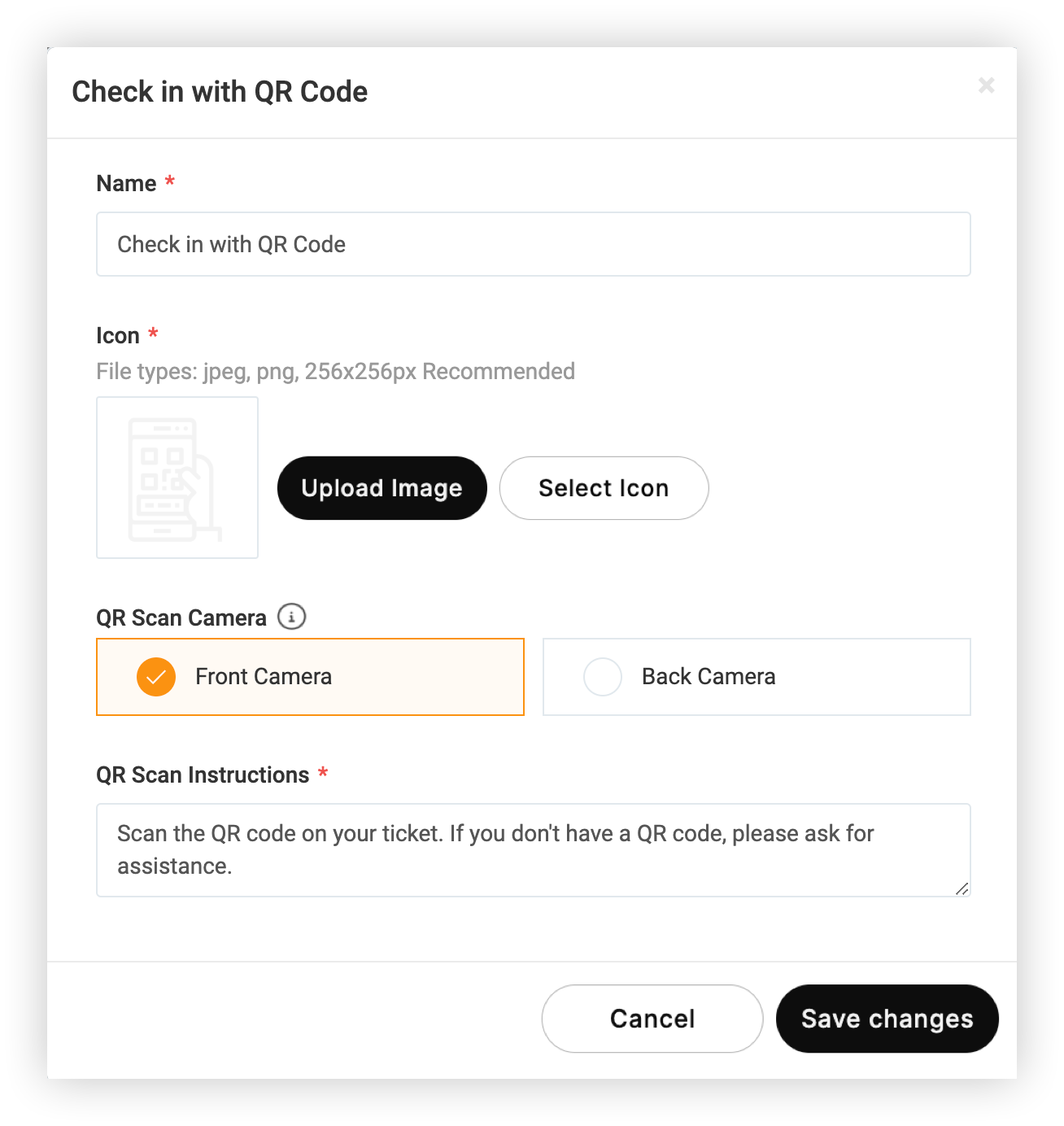 The Check in with QR Code editing modal.