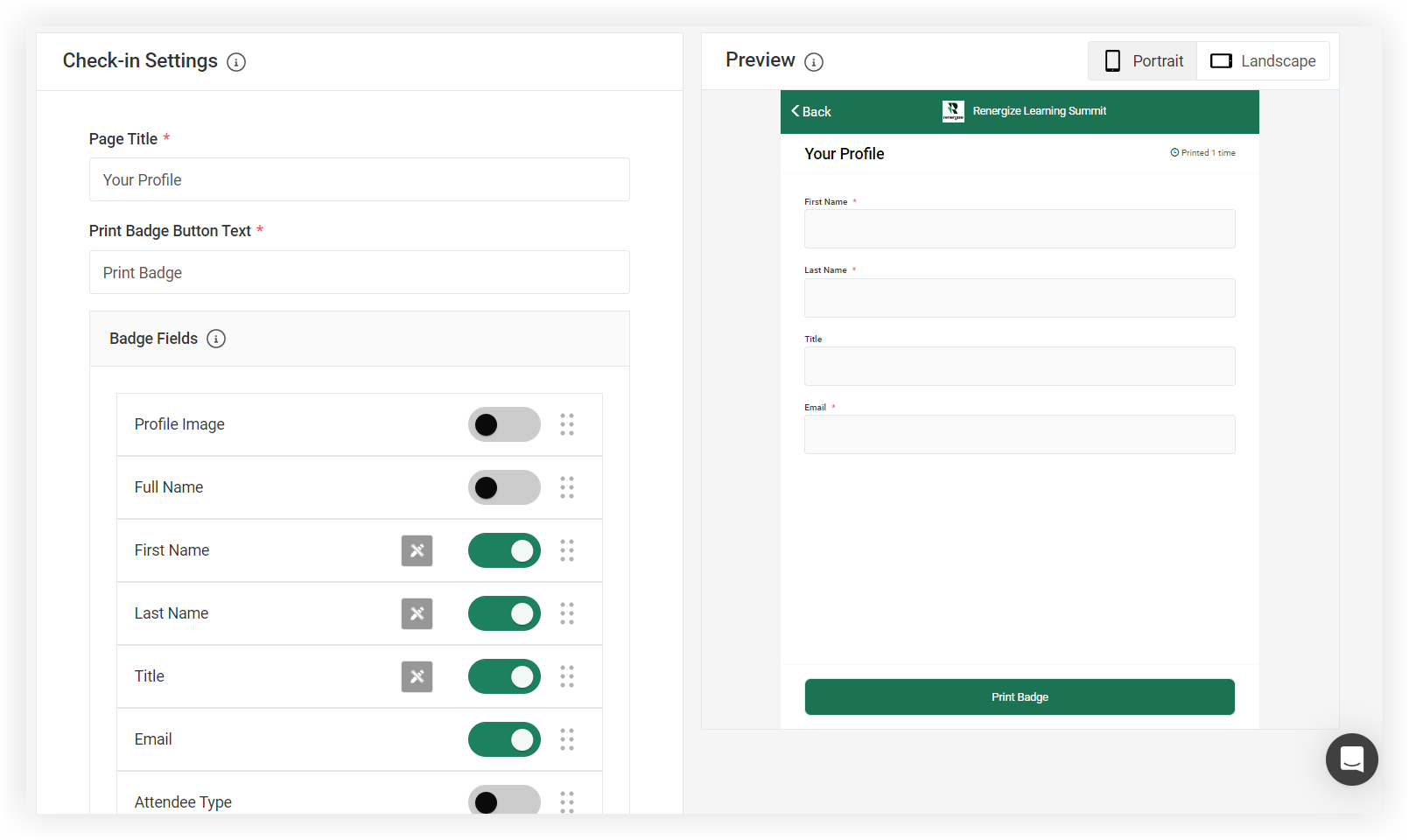 The Check-in Settings and Preview areas of the Check-in Page settings.
