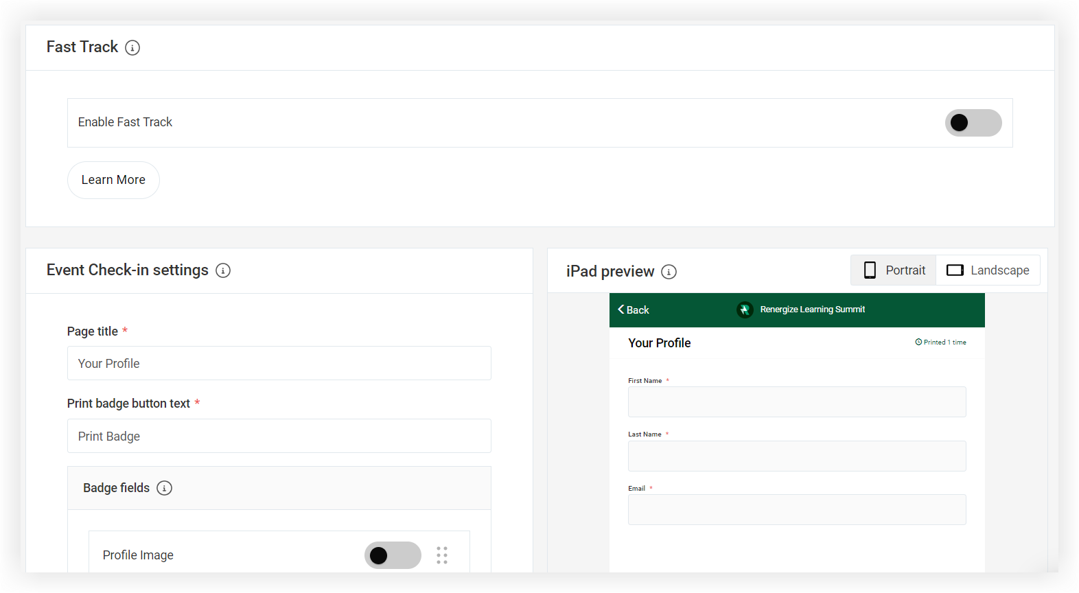 The Check in Page tab of Onsite App settings.