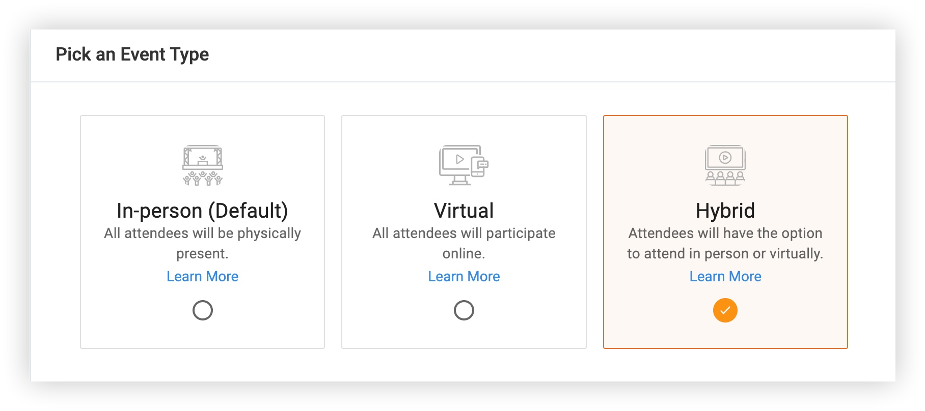 The Event Type options on the Webex Events platform.
