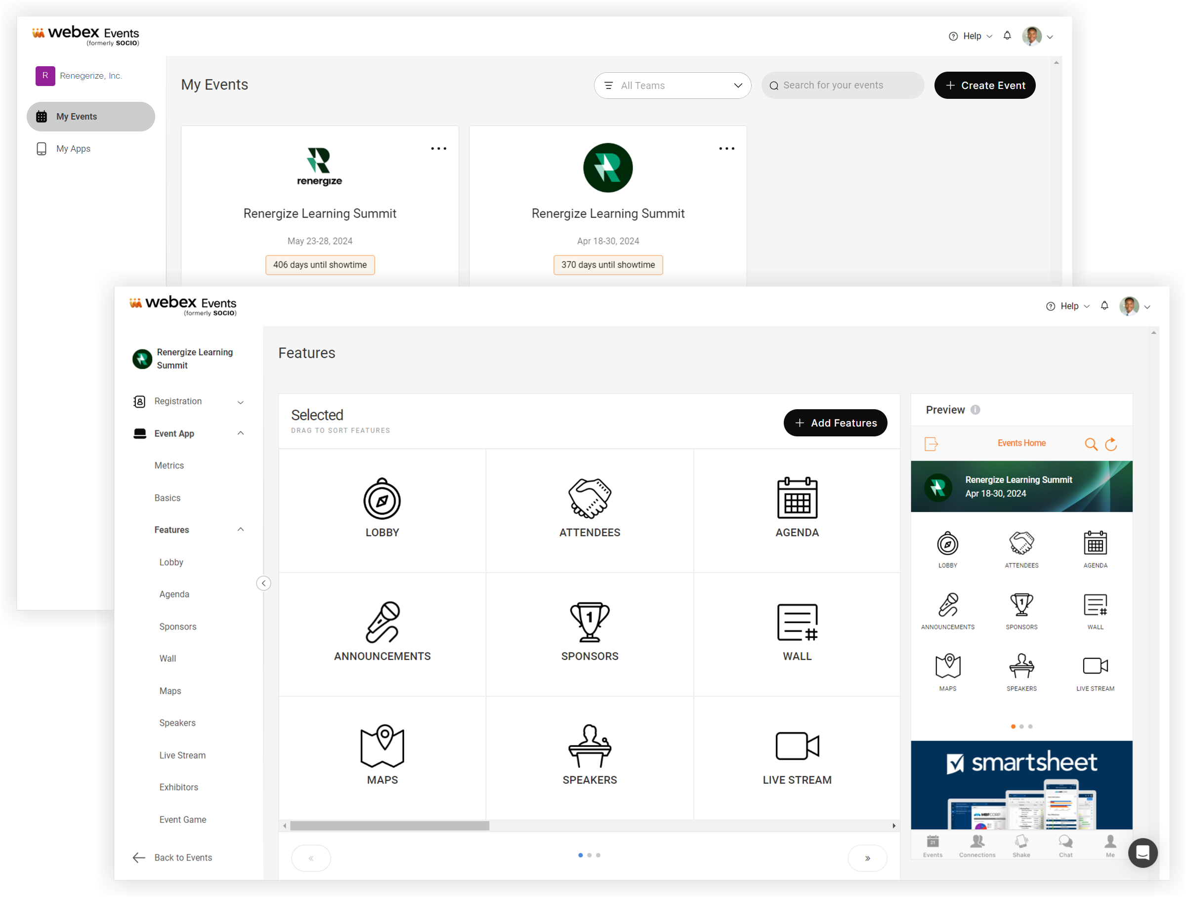 The My Events page and the Event App features page.