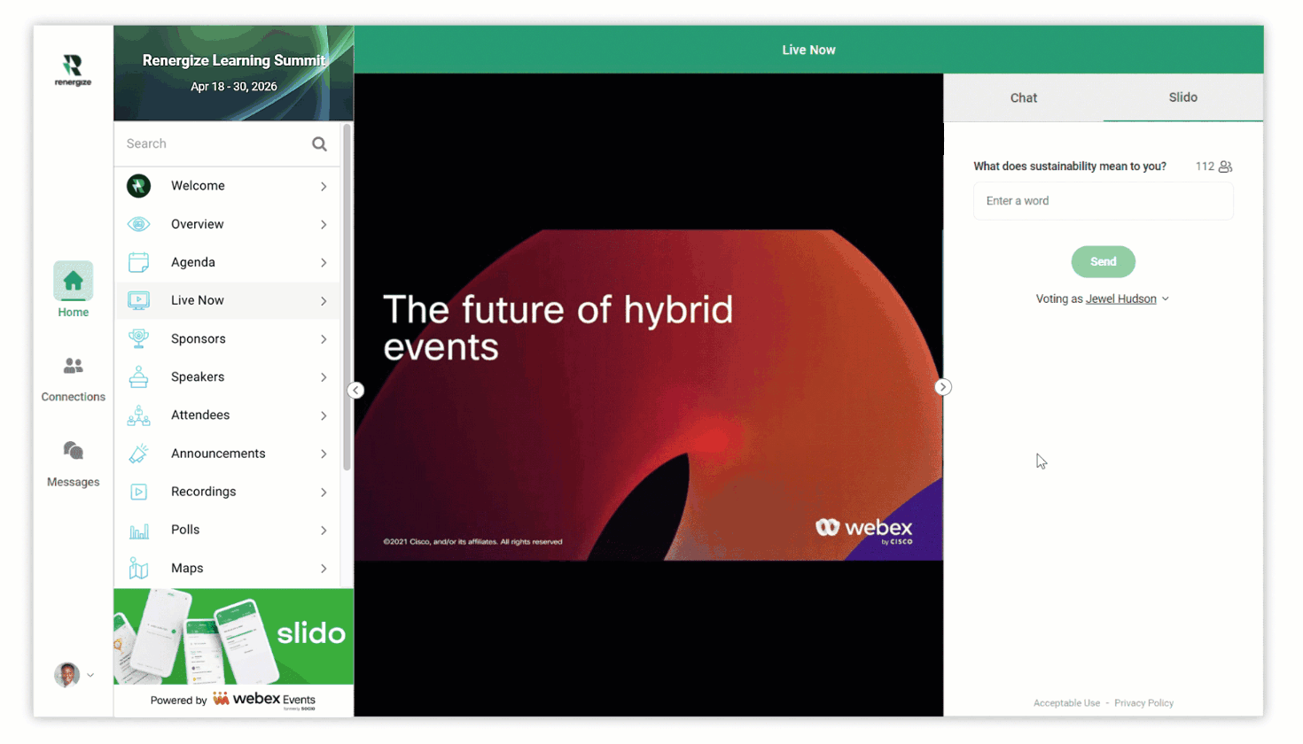 Animated GIF showing a live stream in the Web App while the user is answering a Poll and using the Chat feature.