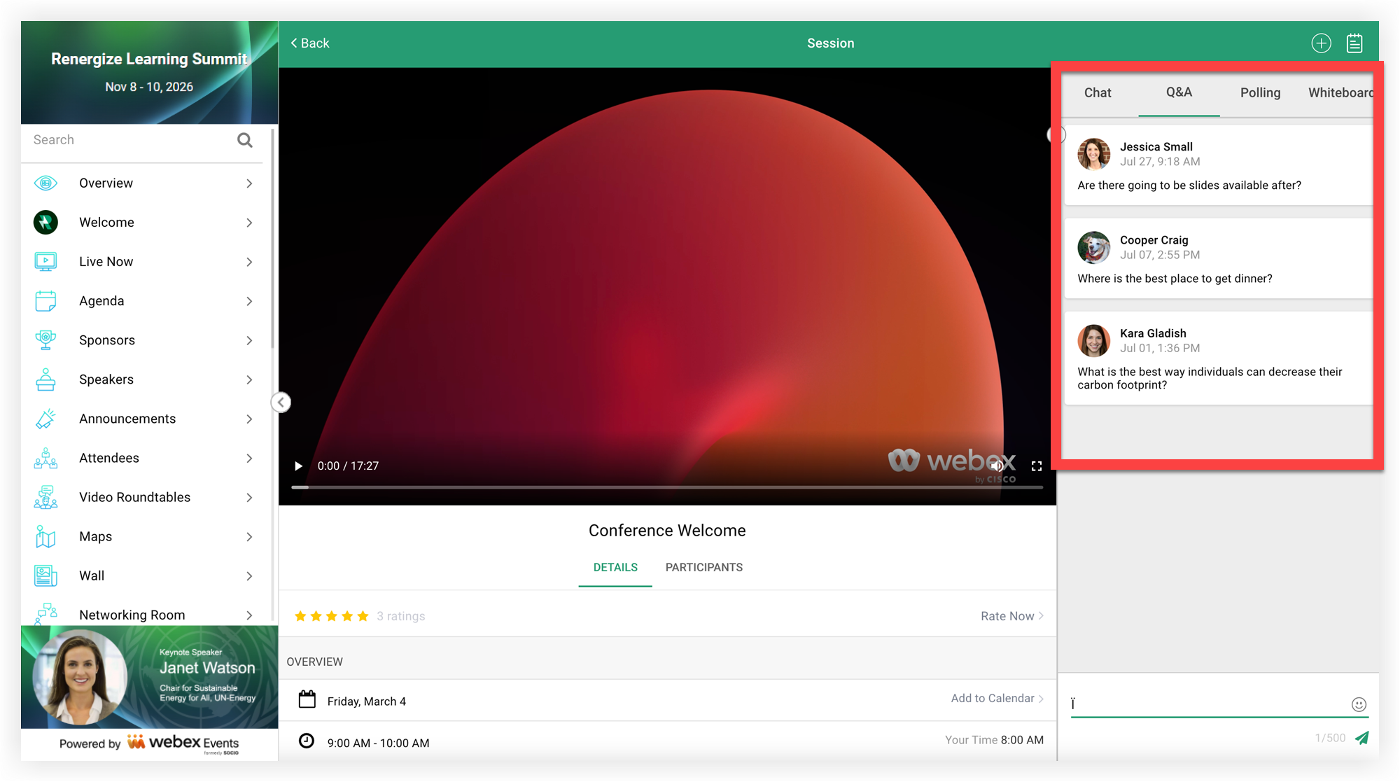 The Q and A tab in a live stream on the Web App.
