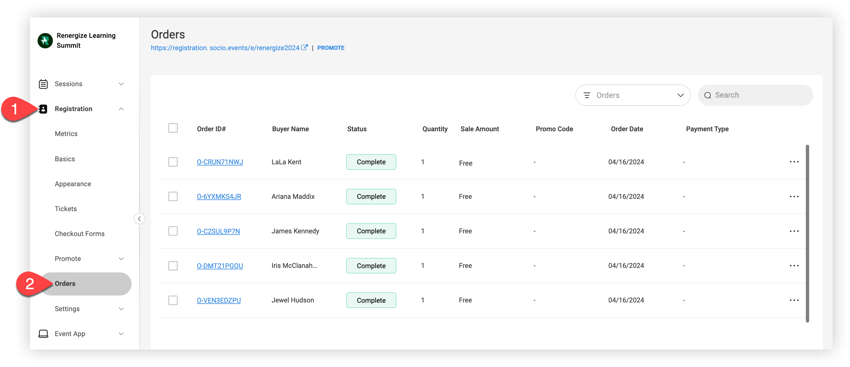 The Registration Orders page on the Webex Events platform.