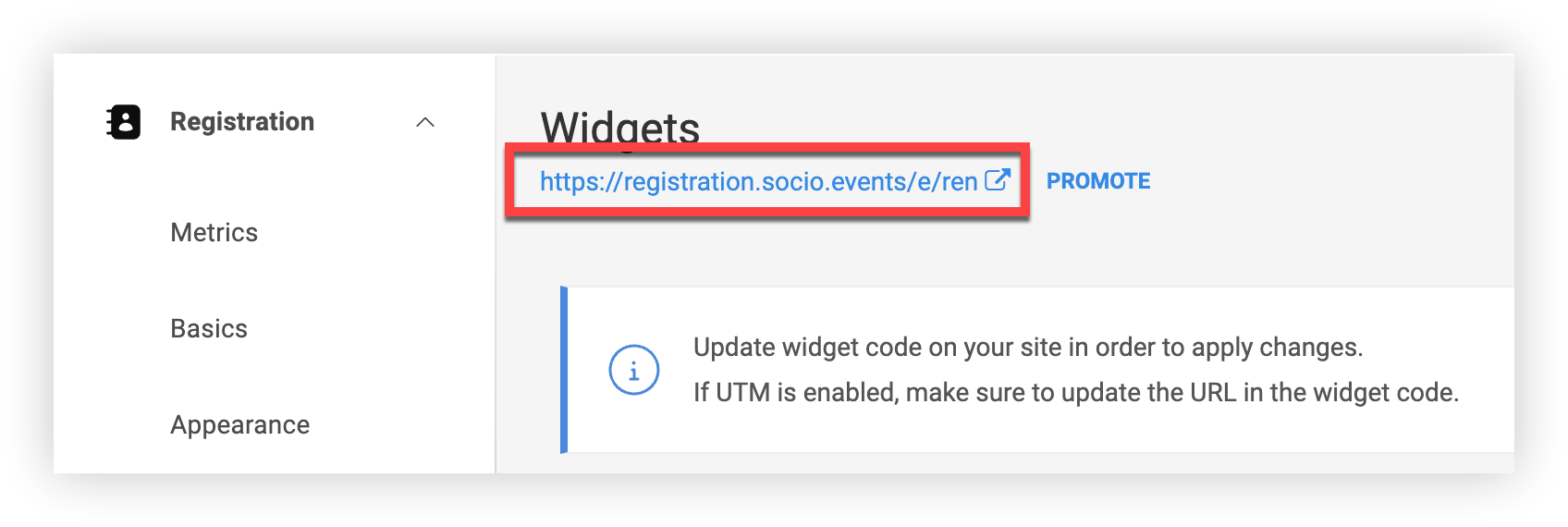 The Registration page link on the Webex Events platform.