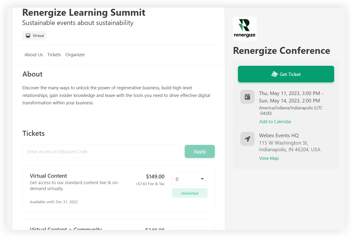 A Webex Events registration page.