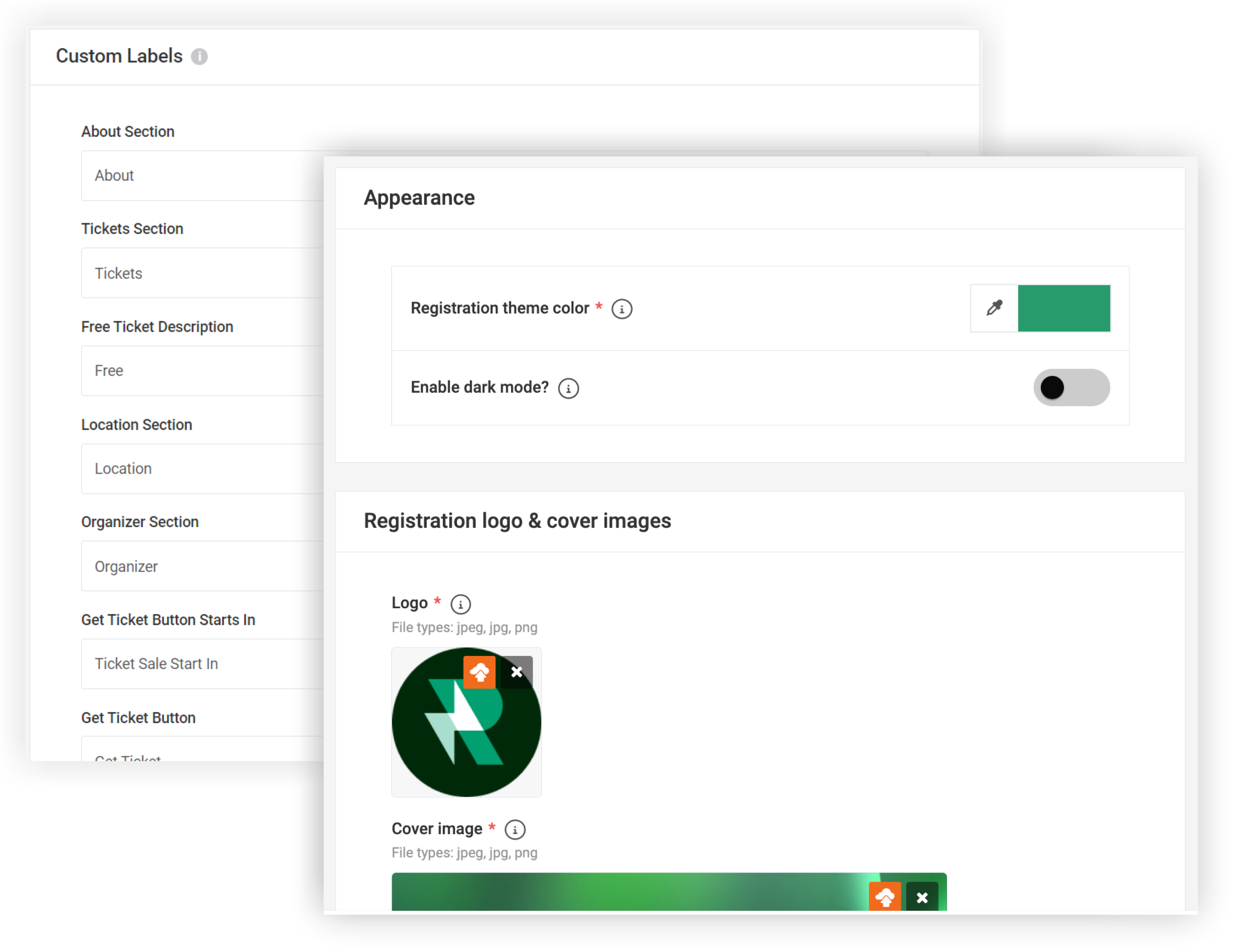 Two screenshots showing the Registration Appearance page and the Settings General page.