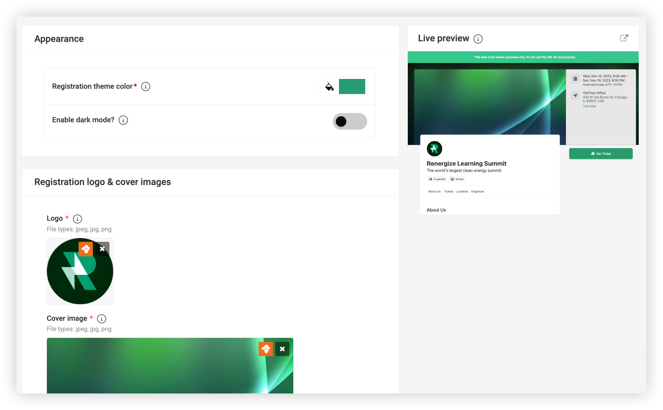 Registration logo & cover images settings in the Appearance page