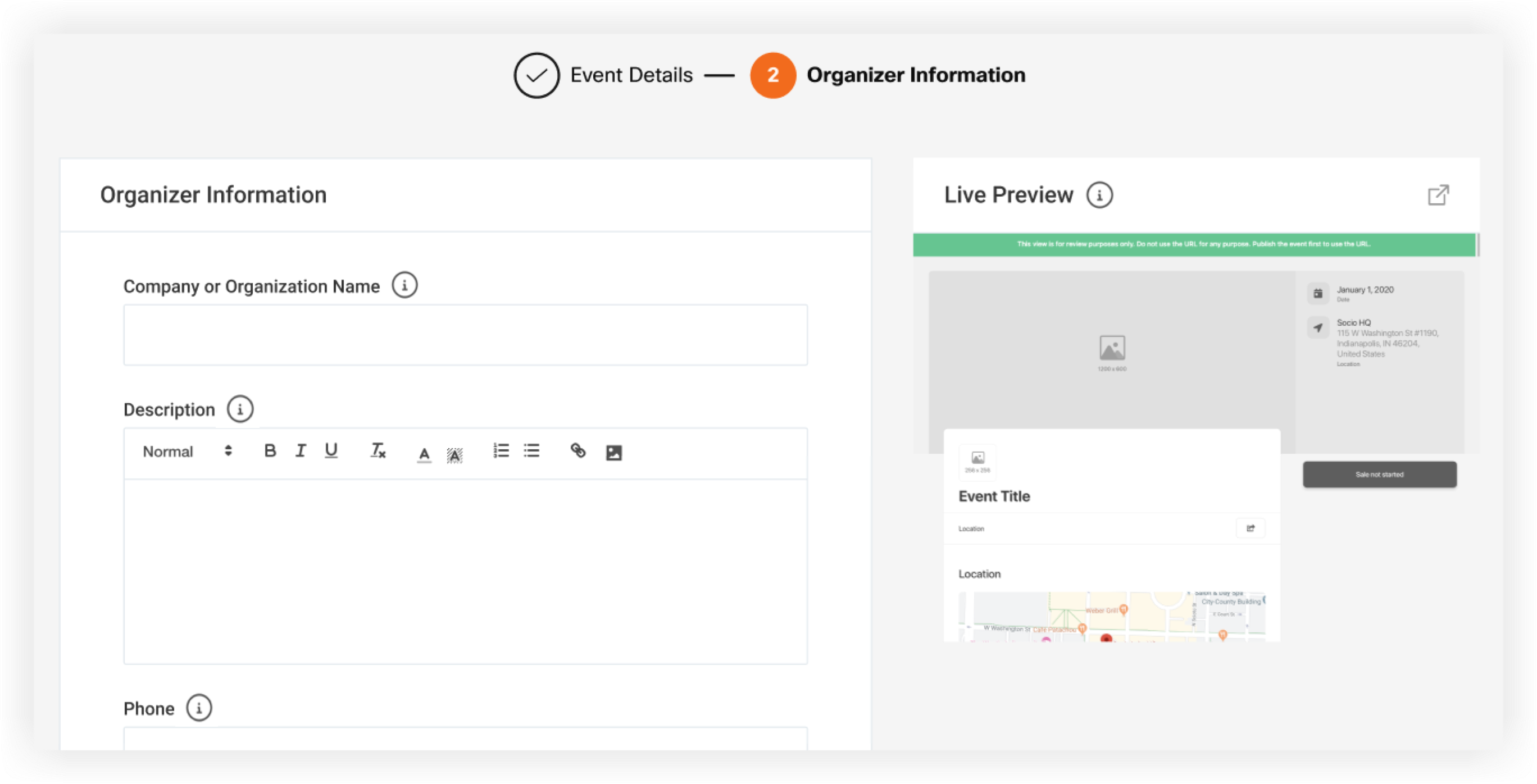 The Organizer information page.