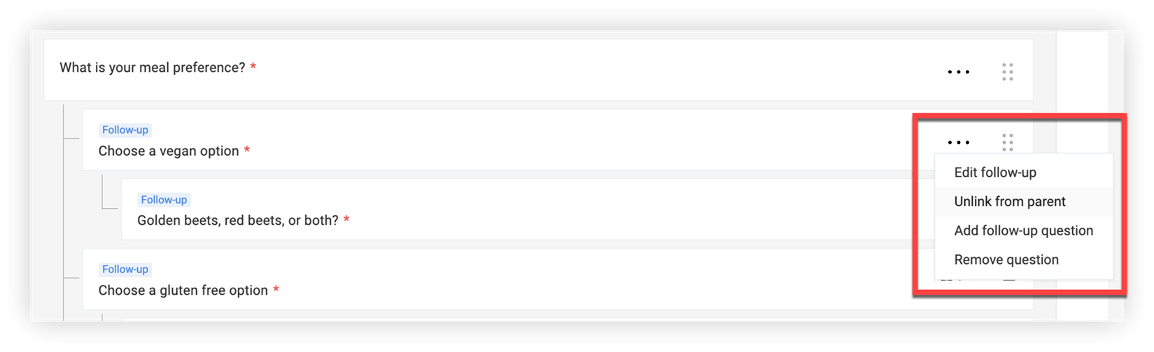 The settings Menu for a single question.