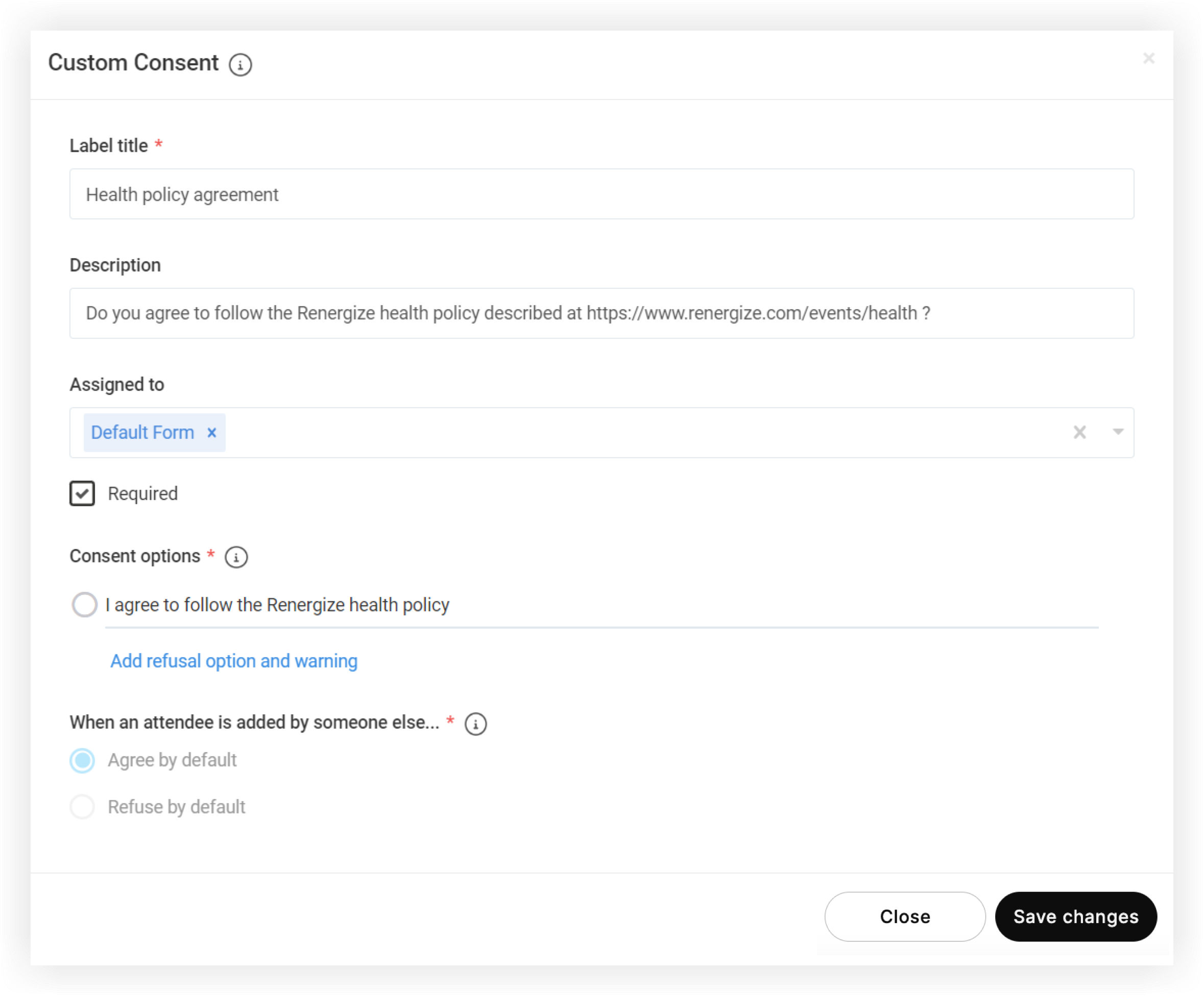 The Custom Consent question modal.