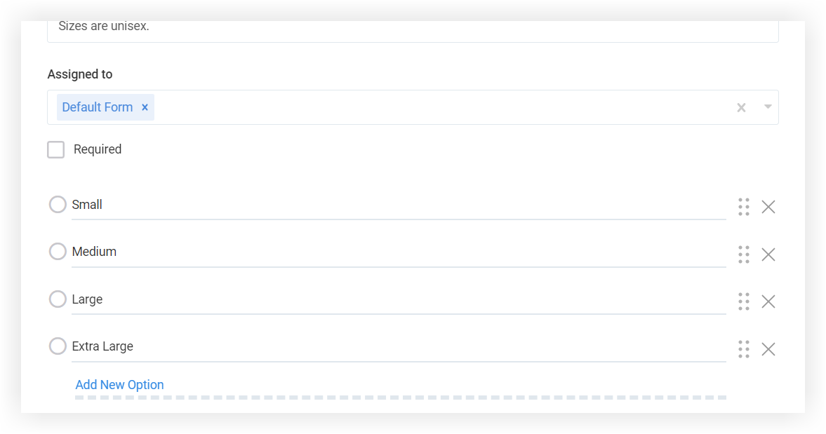 The new question modal showing a single select question configured for tee shirt size selection.