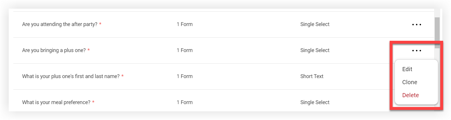 The expanded settings menu for a question.