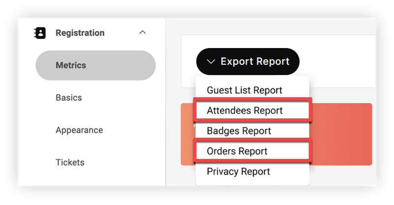 The Attendees Report and Orders Report options in the Export Report drop-down.