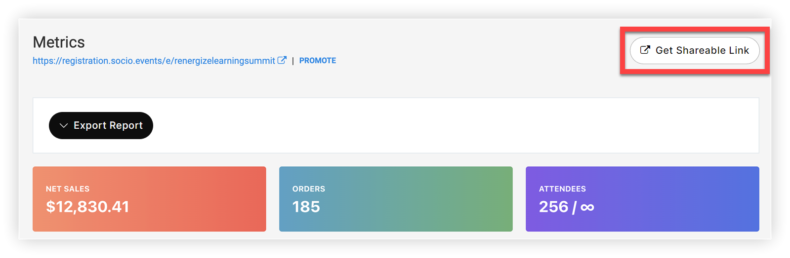 The 'Get Shareable Link' button on the Registration Metrics page.
