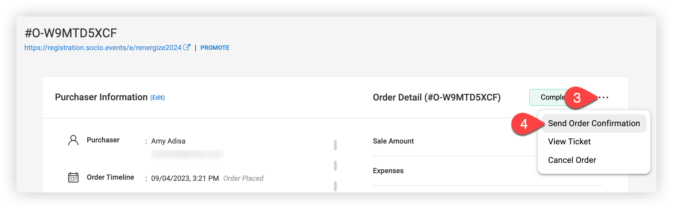 The Send Order Confirmation option for an Order.