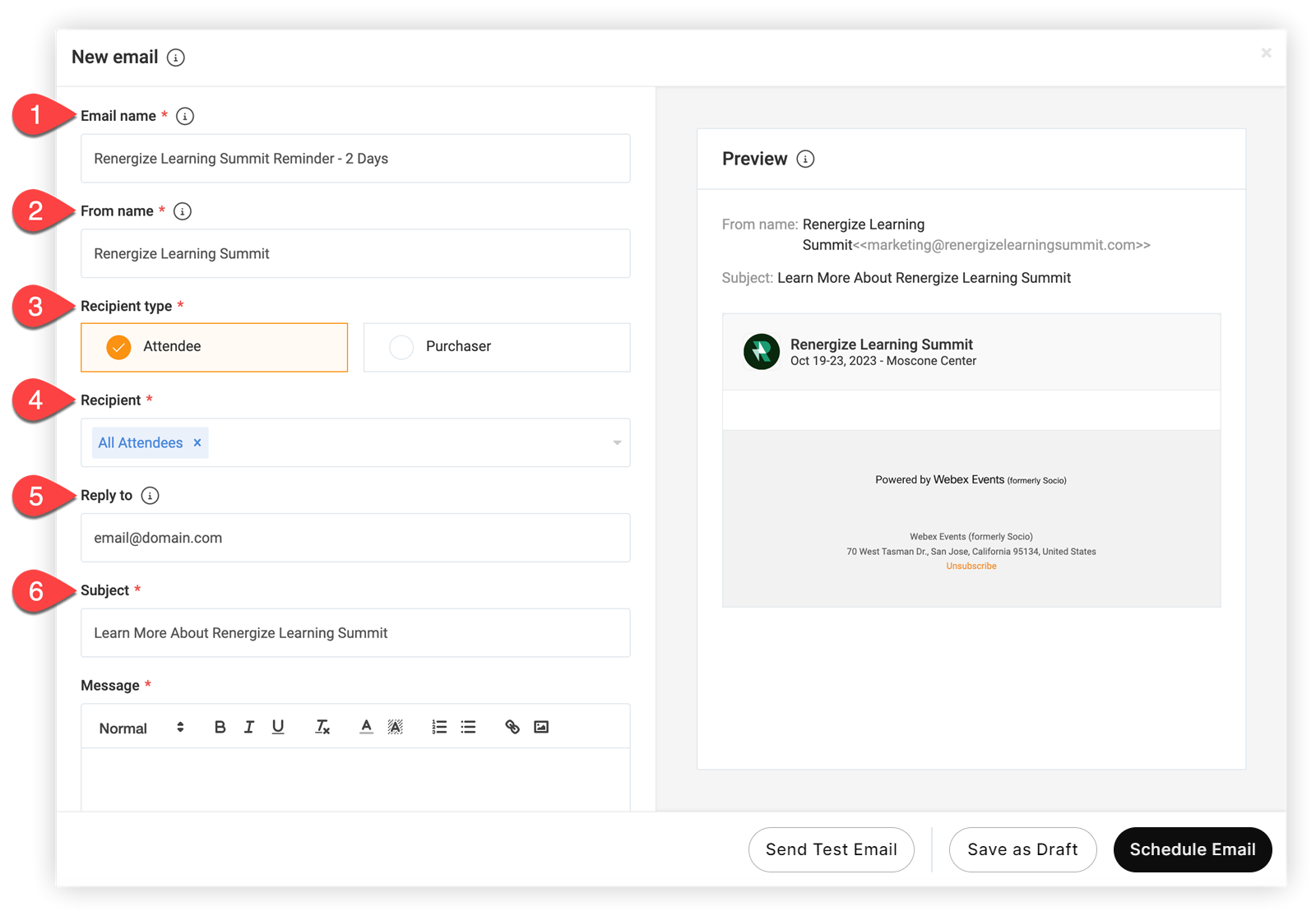 The New Email modal with numbers indicating the fields described below.