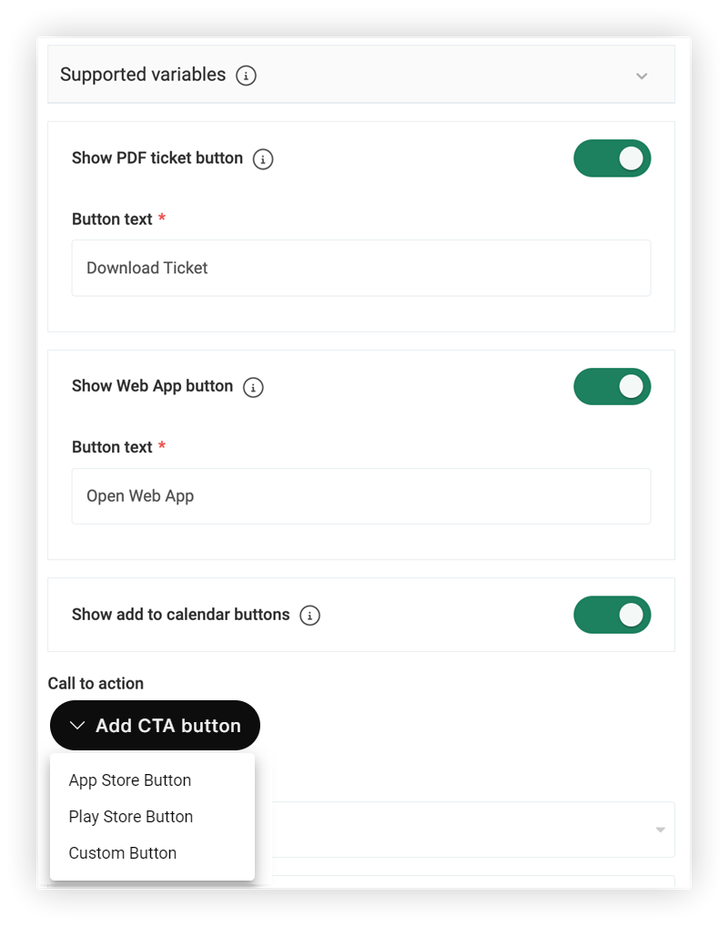 Button options activated and the Add CTA button drop-down in the New email modal.