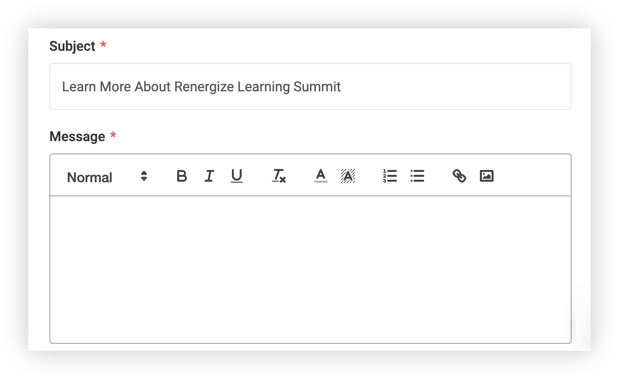 The Subject and Message sections of the New email modal.