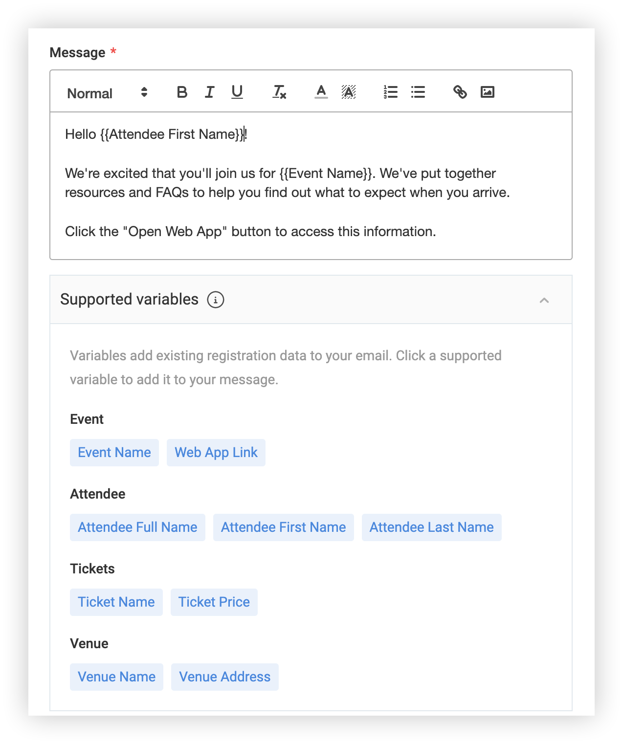 The Message and Supported Variables sections of the New Email modal. A sample message has been typed in.