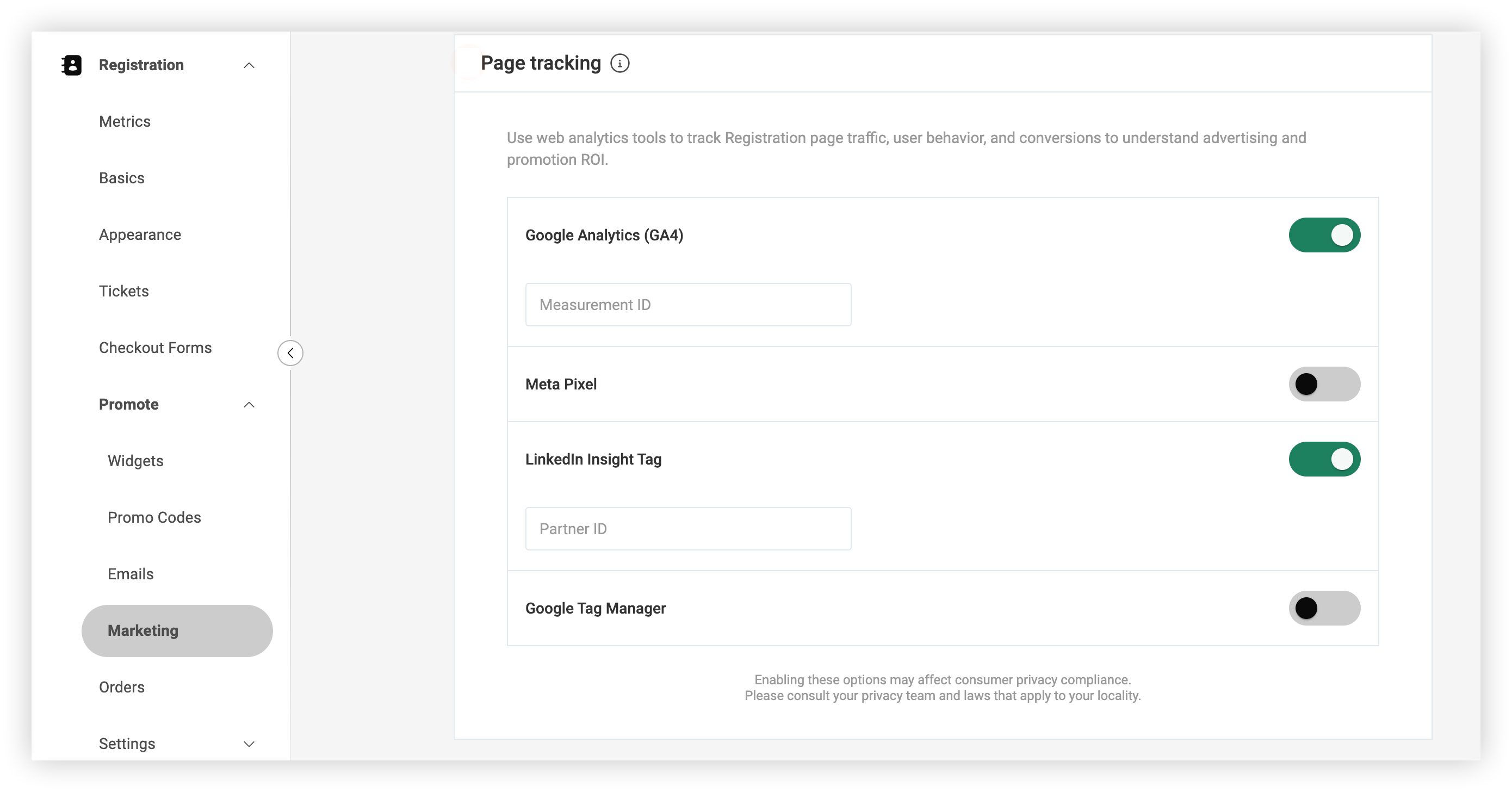 The Page tracking section of the Registration Marketing page.