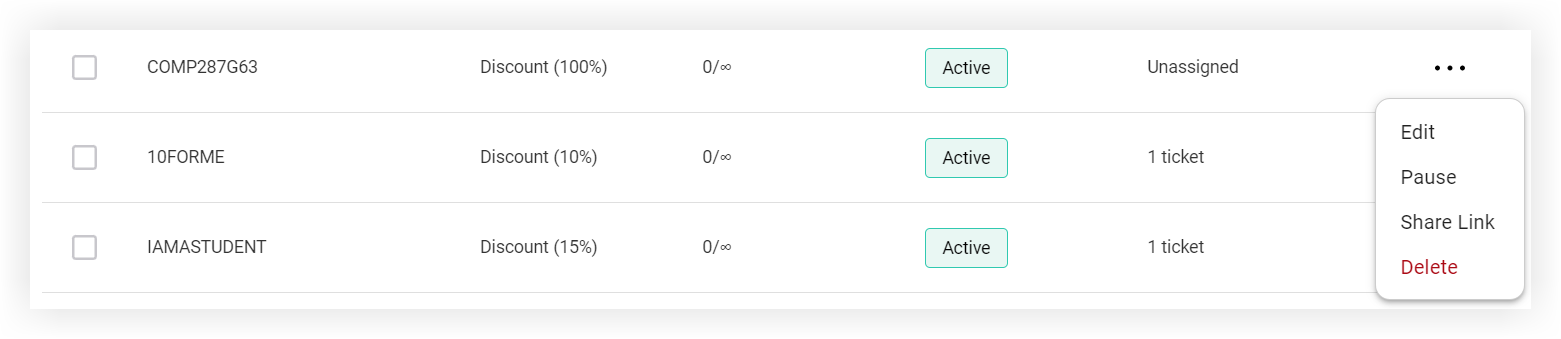 A promo code's settings menu on the Promo Codes page.