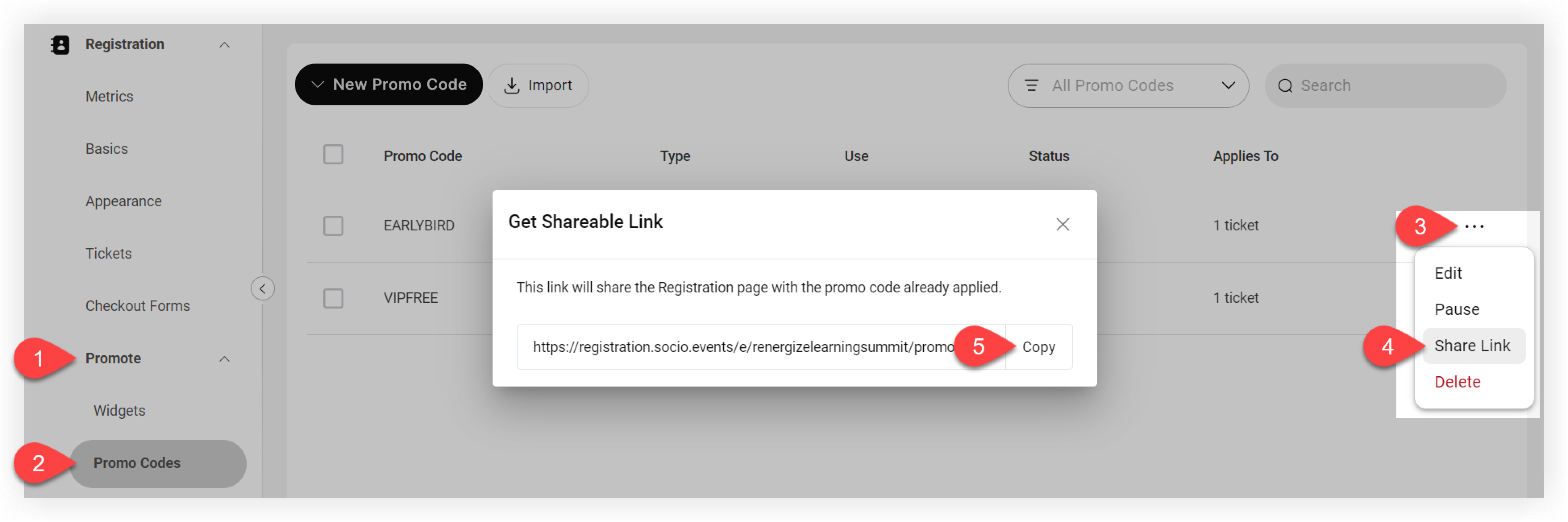 The get shareable link modal.