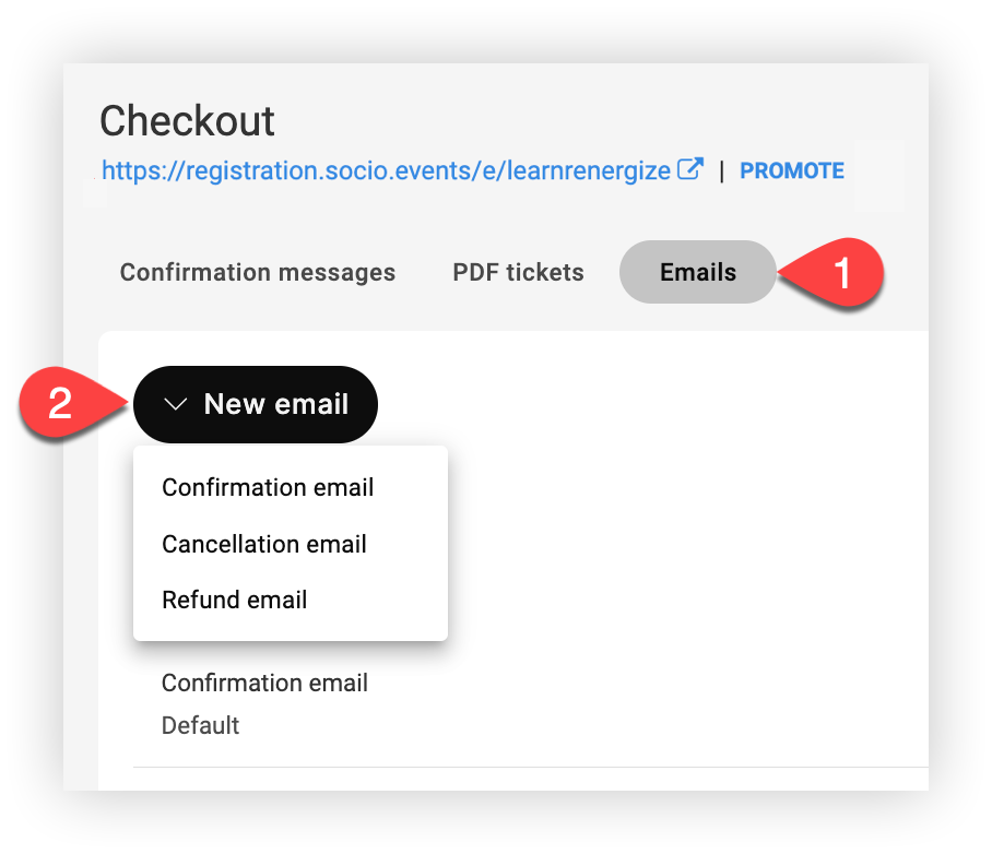 The Emails tab. The New email button is expanded to show the three options.