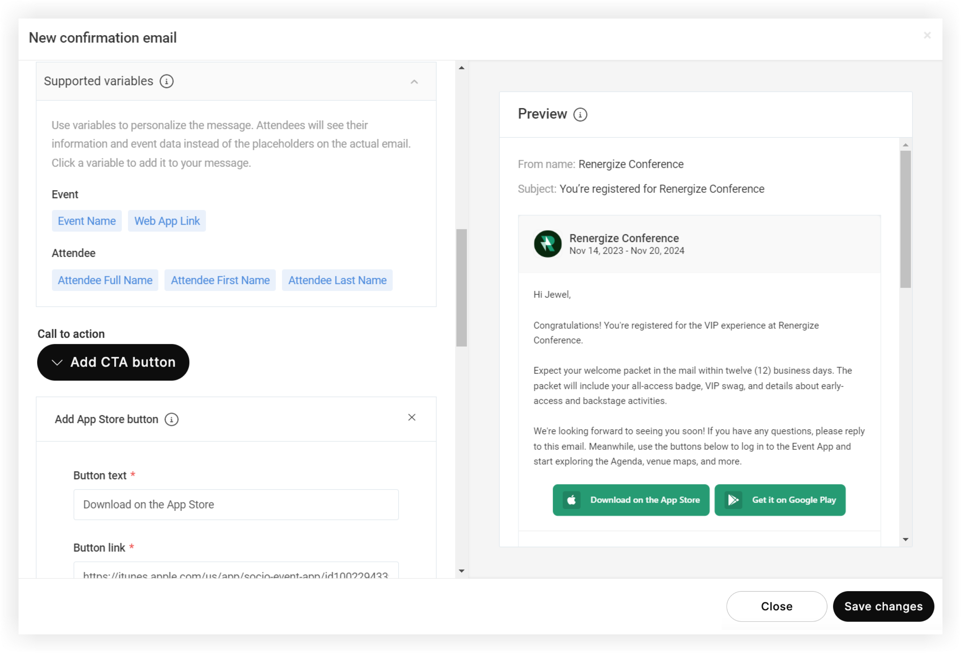 The Supported variables and Call to action options in the New confirmation email modal.