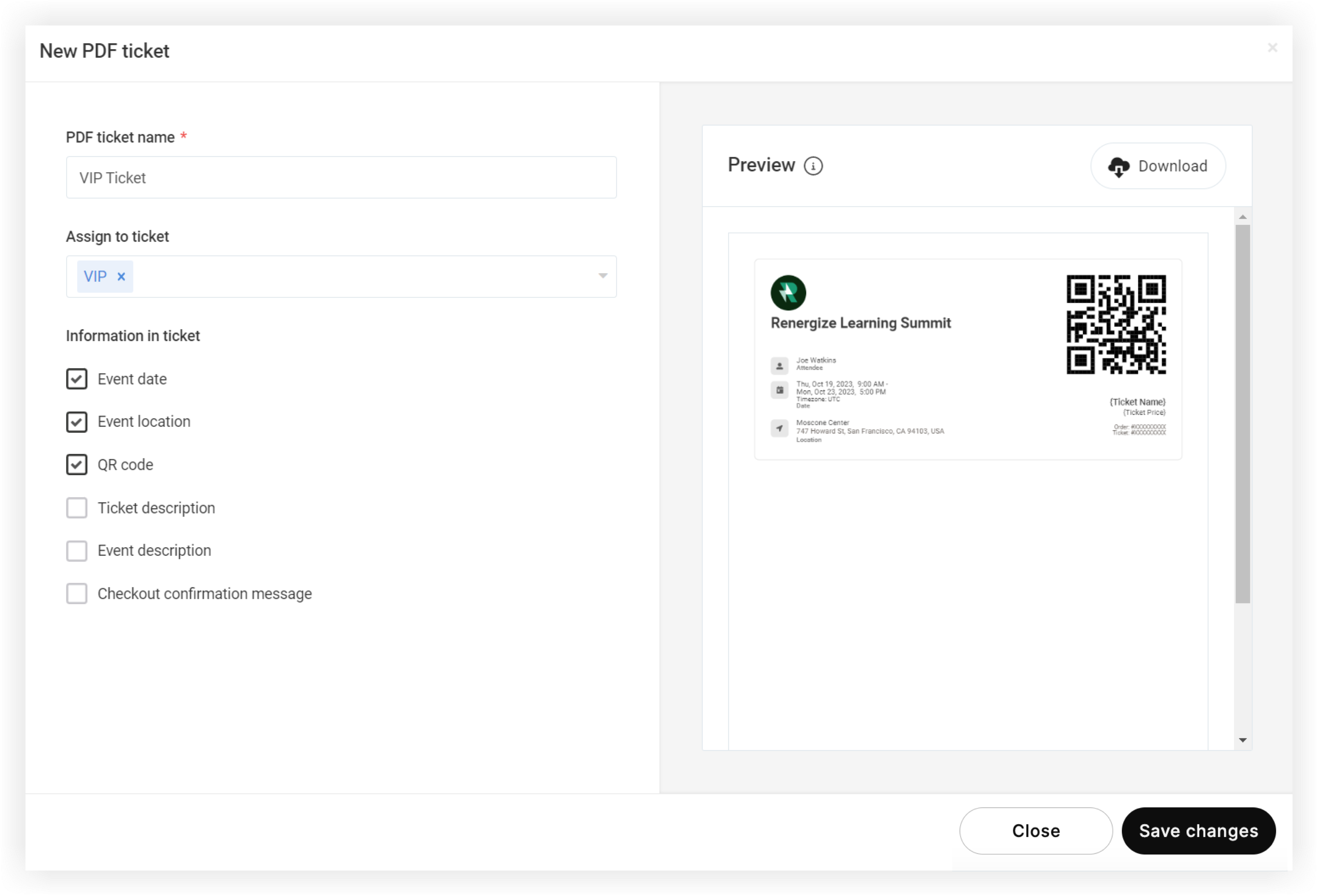 The New PDF ticket modal with several information options checked.