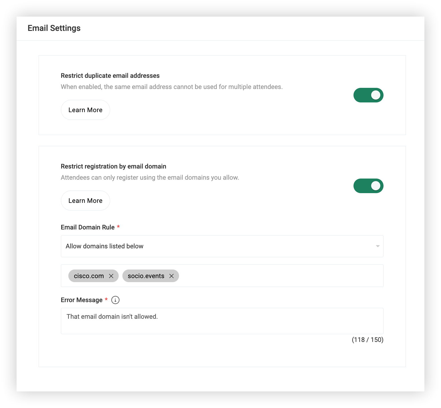 The Social Settings section of the General Settings page.