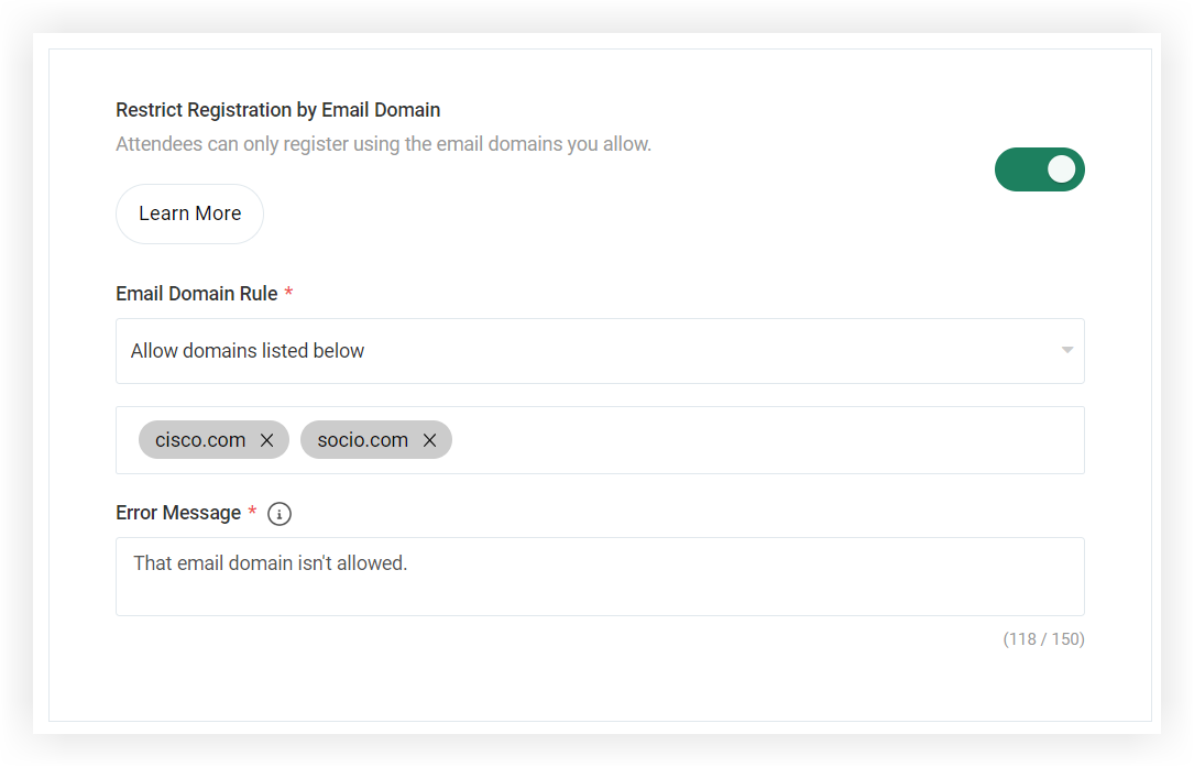 The Restrict Registrations by Email Domain section of the Registration General Settings page.