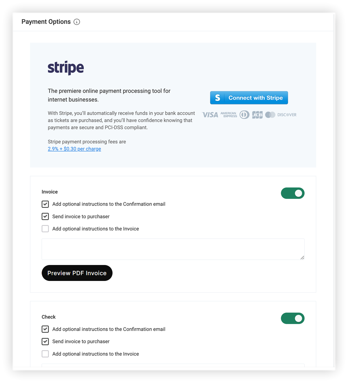 The payment options section of the Payments Settings page.