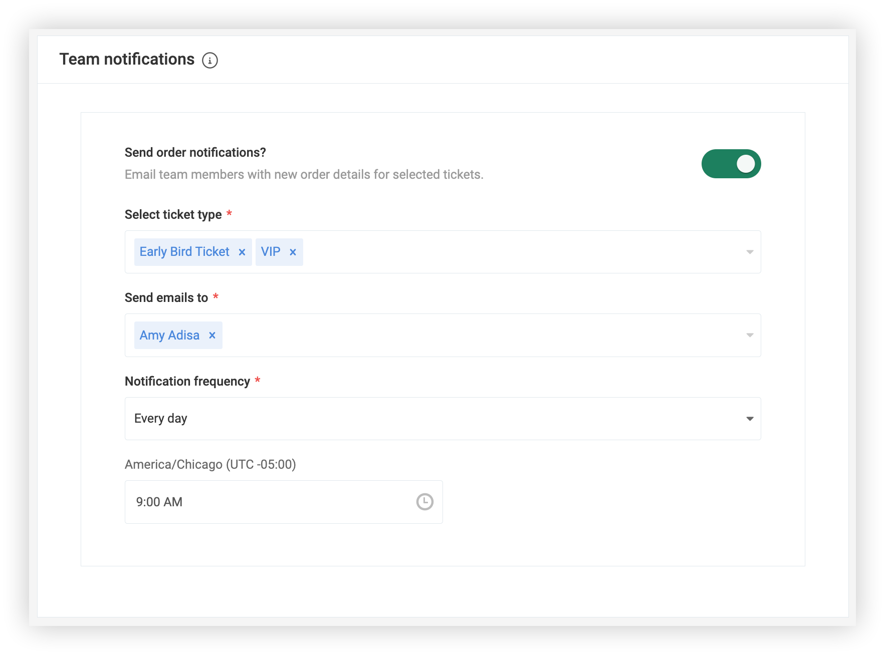 The Registration Settings Team notifications page.