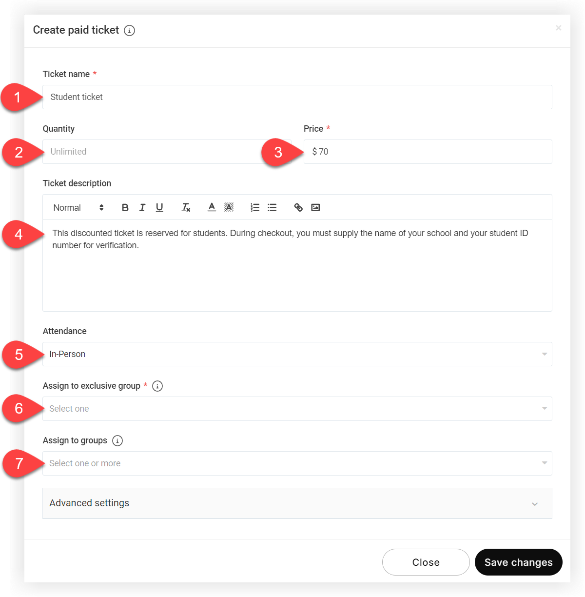 The Create Paid Ticket modal with numbered flags indicating each of the numbered sections below this image.