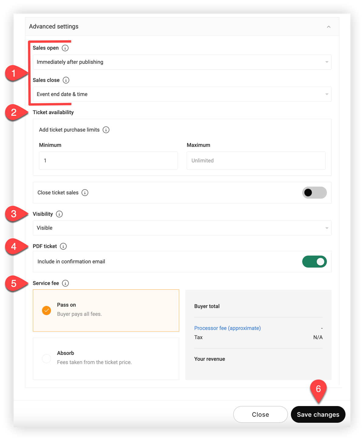 The Advanced Settings section of the new ticket modal. There are numbered flags indicating each of the numbered sections below this image.