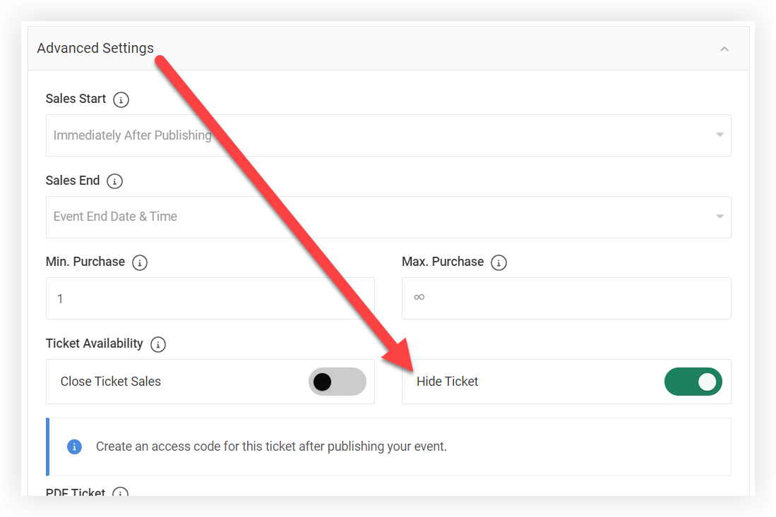 The Advanced Settings section of the New Ticket modal. The Hide Ticket toggle is indicated.