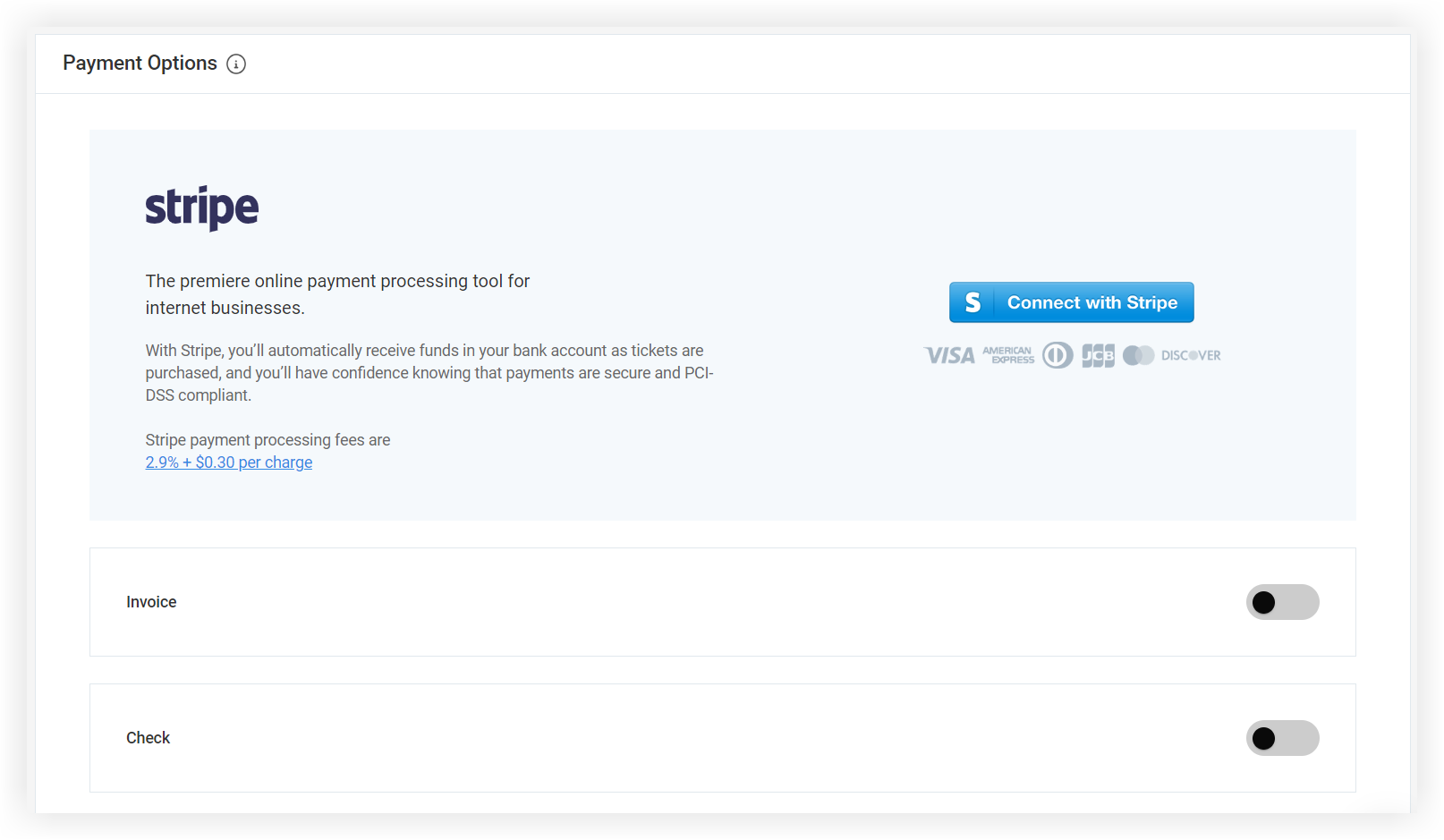 The Payment options section and the Connect with Stripe button.