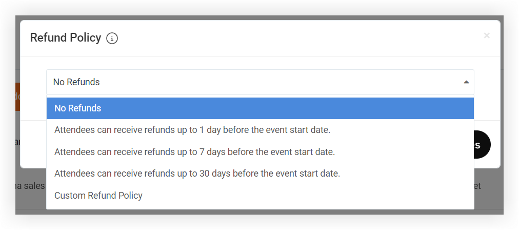 The Refund policy modal with the dropdown expanded.