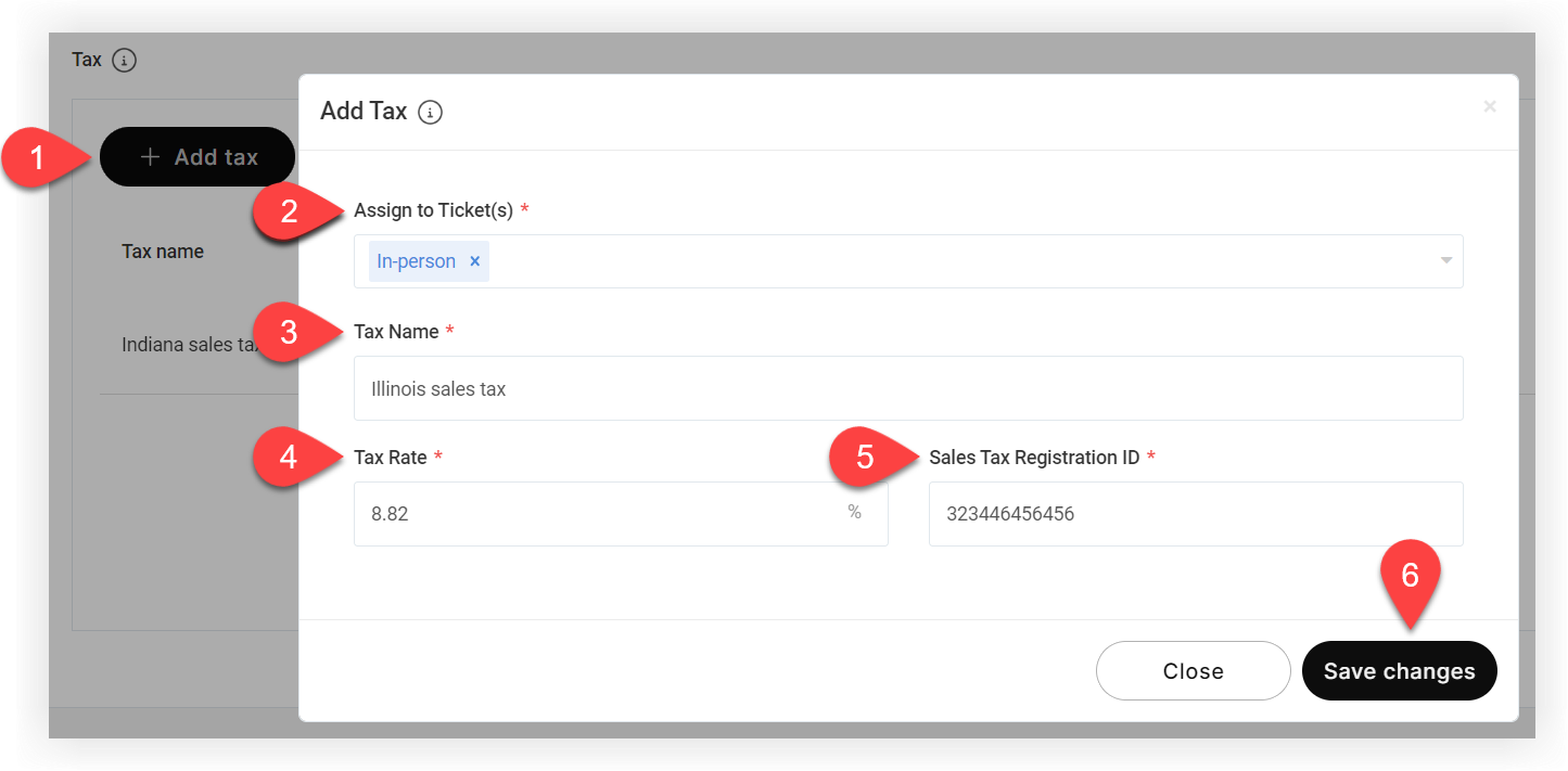 The Add Tax modal with numbered arrows indicating the fields described below.