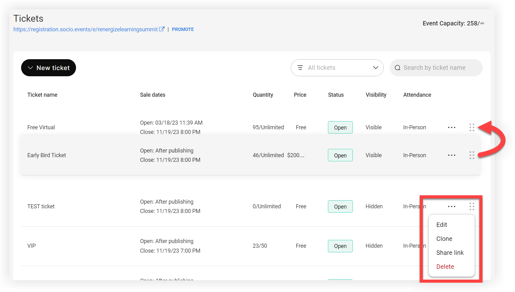 The Tickets page in the Webex Events platfomr. A ticket's Settings menu expanded and a ticket being dragged and dropped to reorder it.