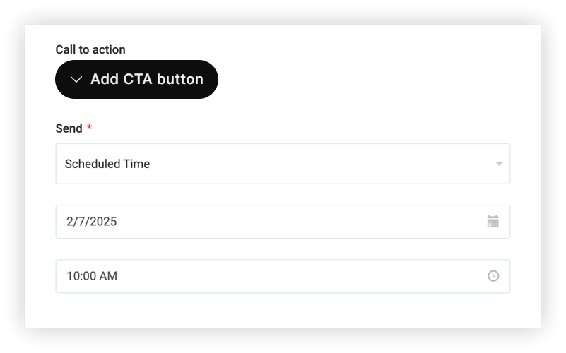 The Send fields of the New Email modal. Scheduled Time is selected.
