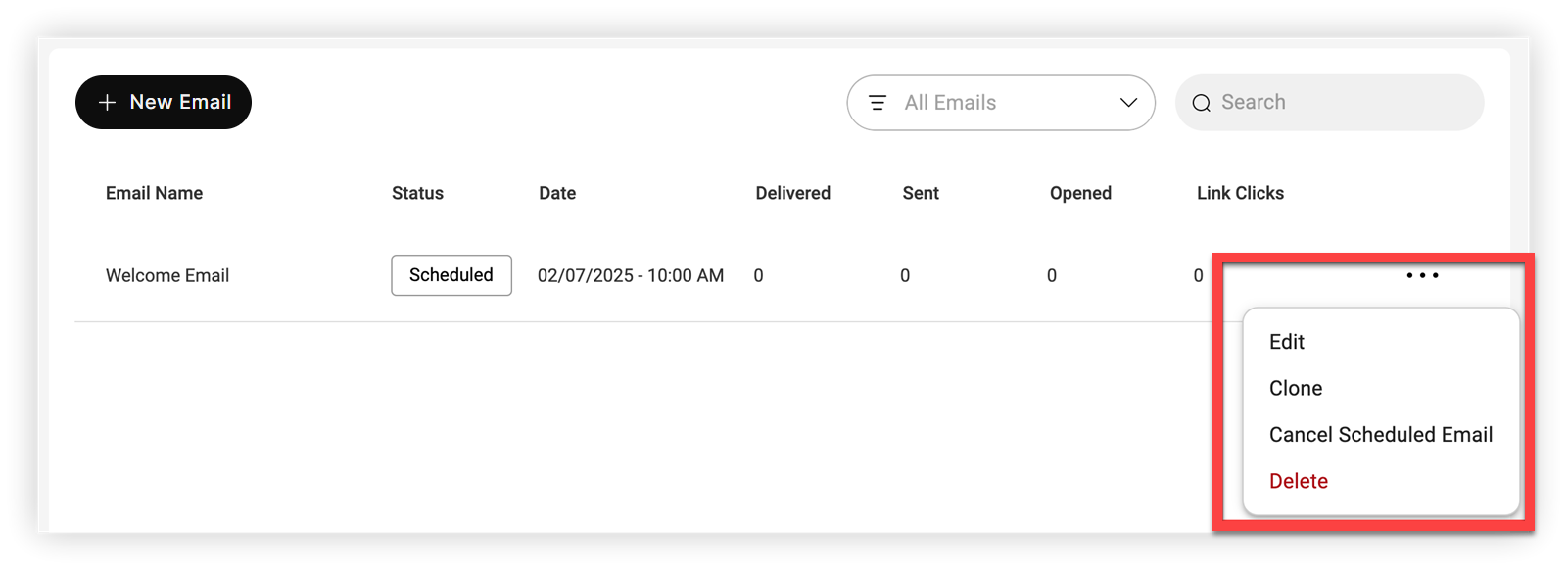 The Settings menu for a scheduled email.