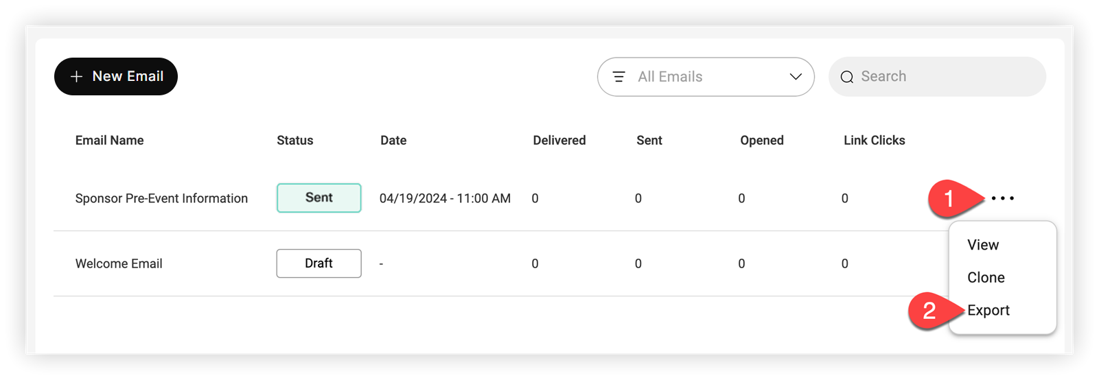 The Export option in and email's Settings menu.