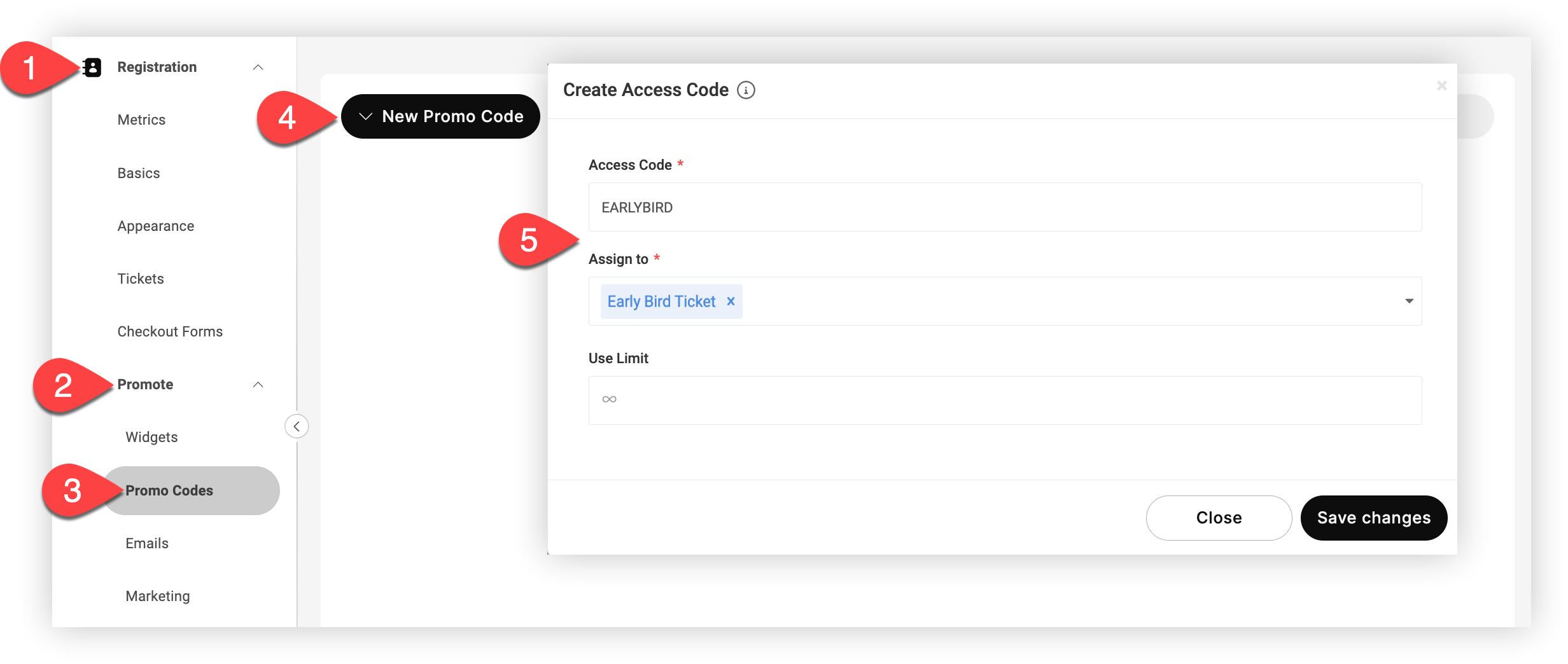 The Promo Codes page and Create Access Code modal.